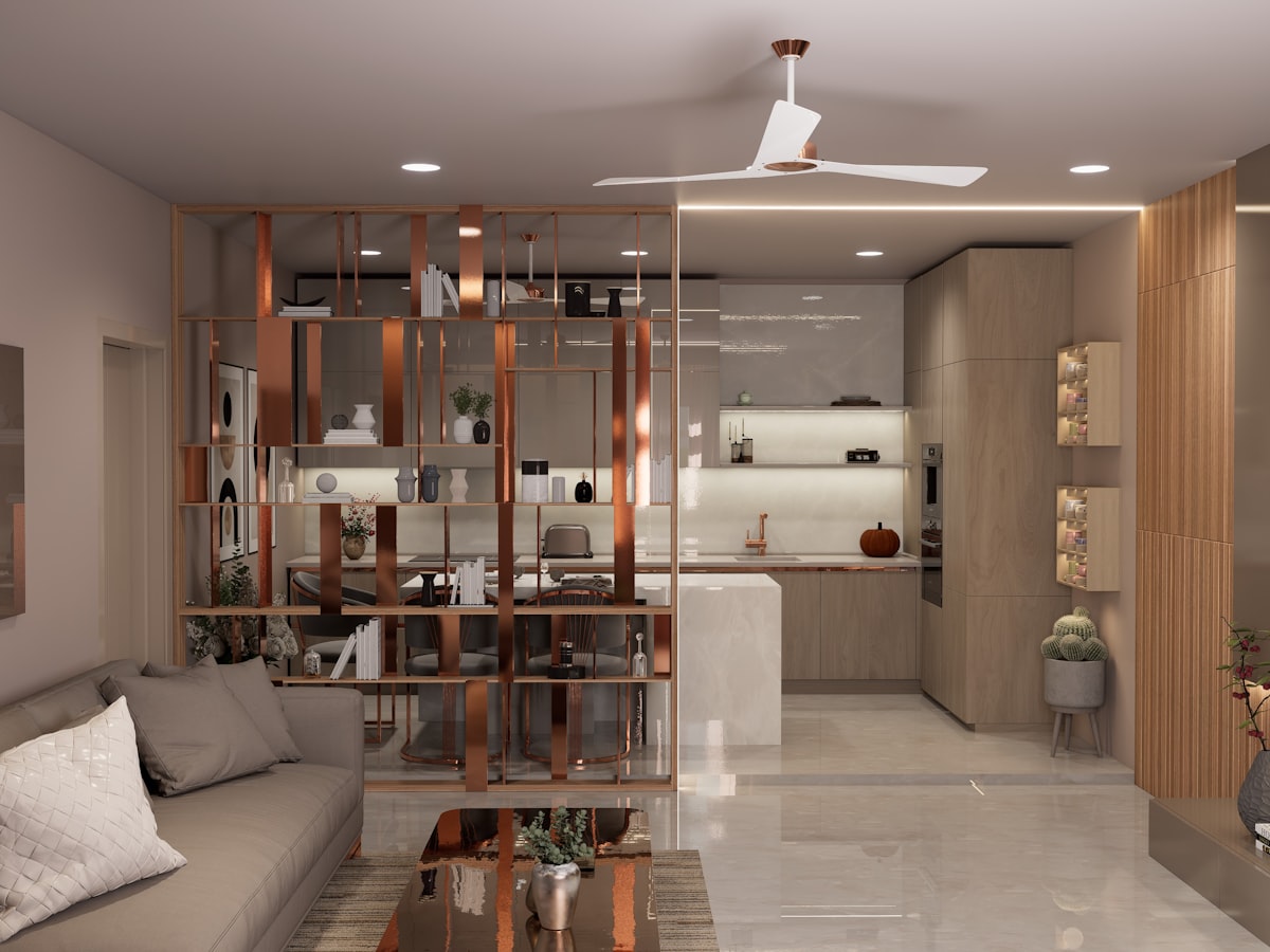 A modern living room with open kitchen and divider.